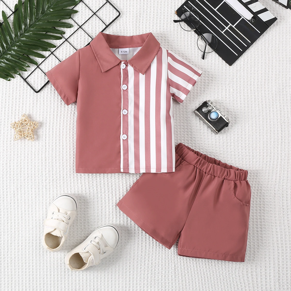 Two piece male baby fashion casual solid color splicing vertical woven fabric short sleeved shirt top and shorts set