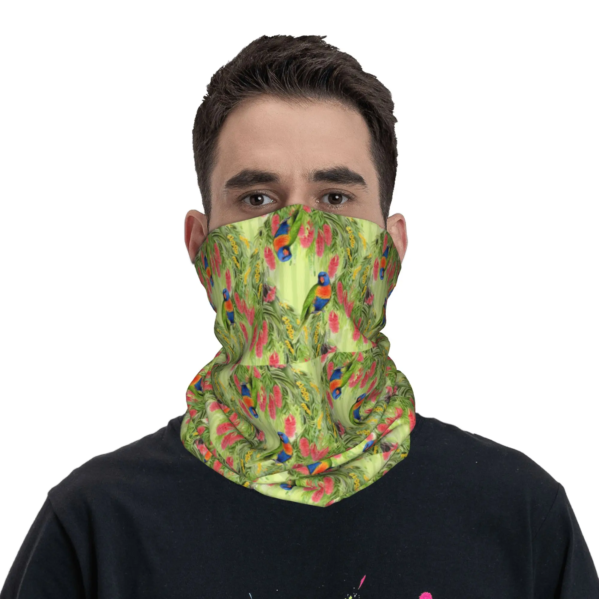 Australian Native Flowers and Rainbow Lorikeets Bandana Neck Cover Printed Wrap Scarf Balaclava Riding for Men Women Washable
