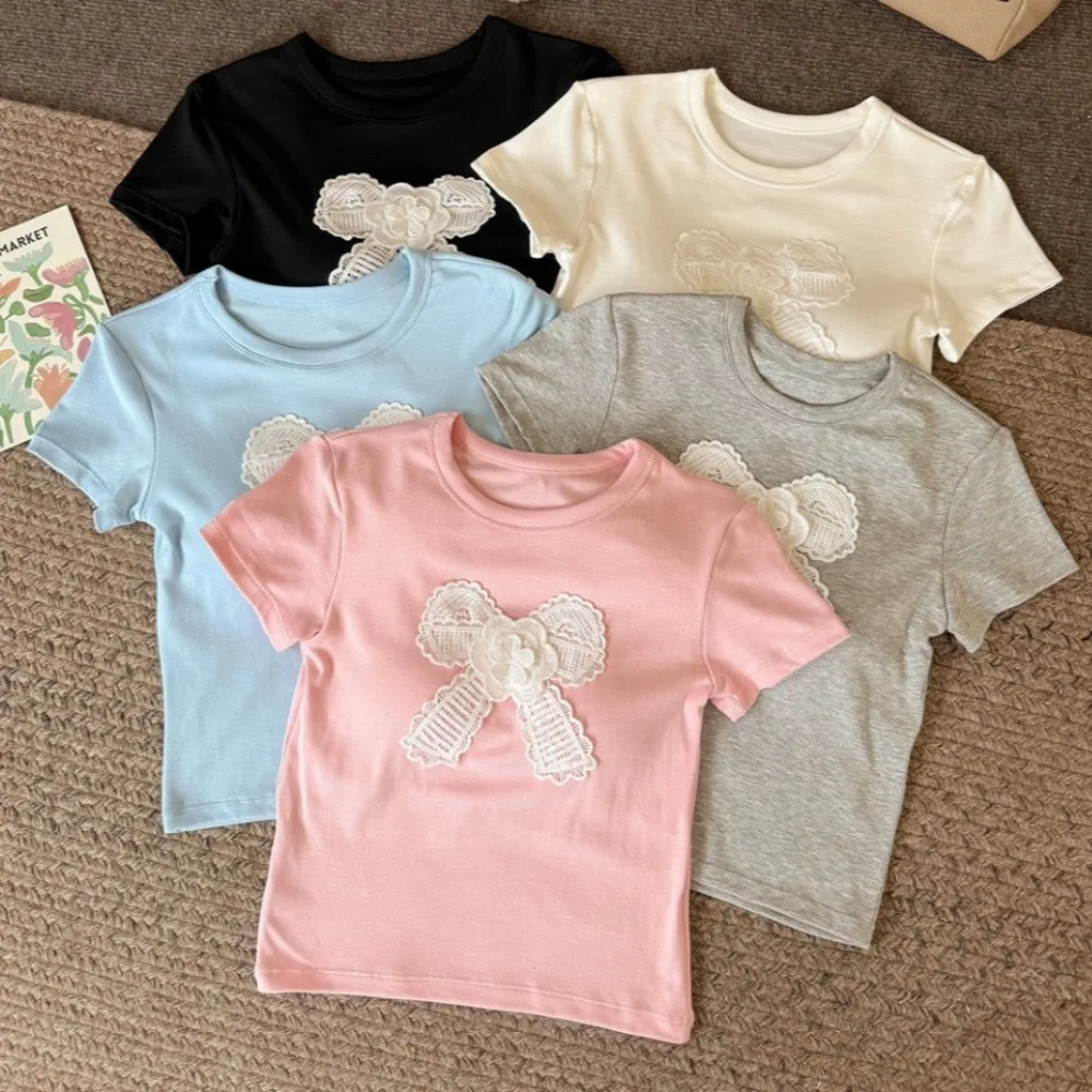 Ins الحلو القطن الكورية القوس تي شيرت مع منصات الصدر Bowknot Y2K المحاصيل القمم قميص مطرز قصيرة الكتف القمم النساء #1