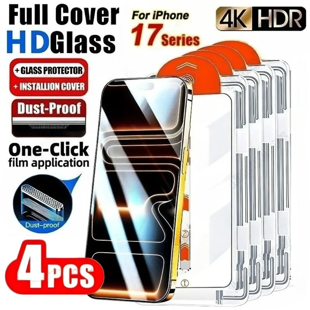4-teiliger Ultra-HD-Displayschutz für iPhone 17 16 15 14 Pro Max Air 16 15 Plus 13 12 11 Pro XR XS Max One Click Installationsglas
