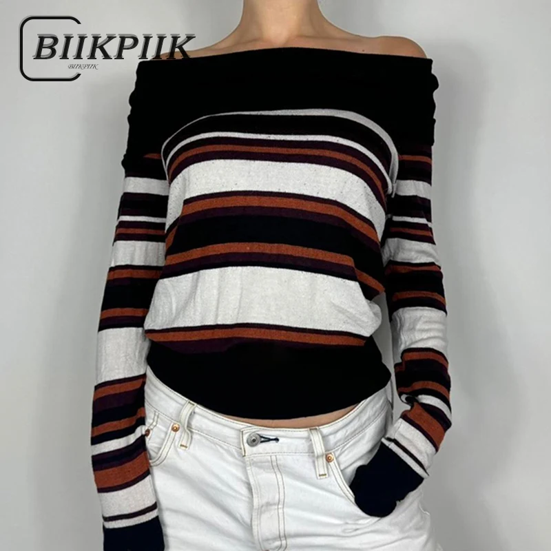 Biikpiik slash neck casual camisola contraste cor malhas turndown colarinho feminino pullovers streetwear outono jumpers vintage y2k