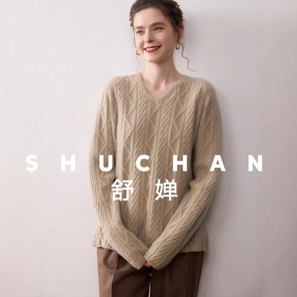 

450 г, 100% чистый кашемир, витой простой и вязаный пуловер, свободный и тонкий женский свитер с v-образным вырезом