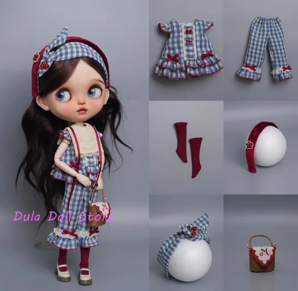 （3-3）Special Offer! Blue checkered cherry set Dula Doll Clothes Dress Blythe Qbaby ob24 ob22