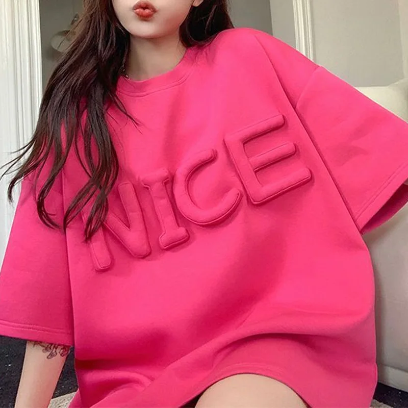 2023 Summer Fashion Round Neck Three-dimensional Letter Loose Casual Versatile Oversized Mid Length Short Sleeved Large T-shirt