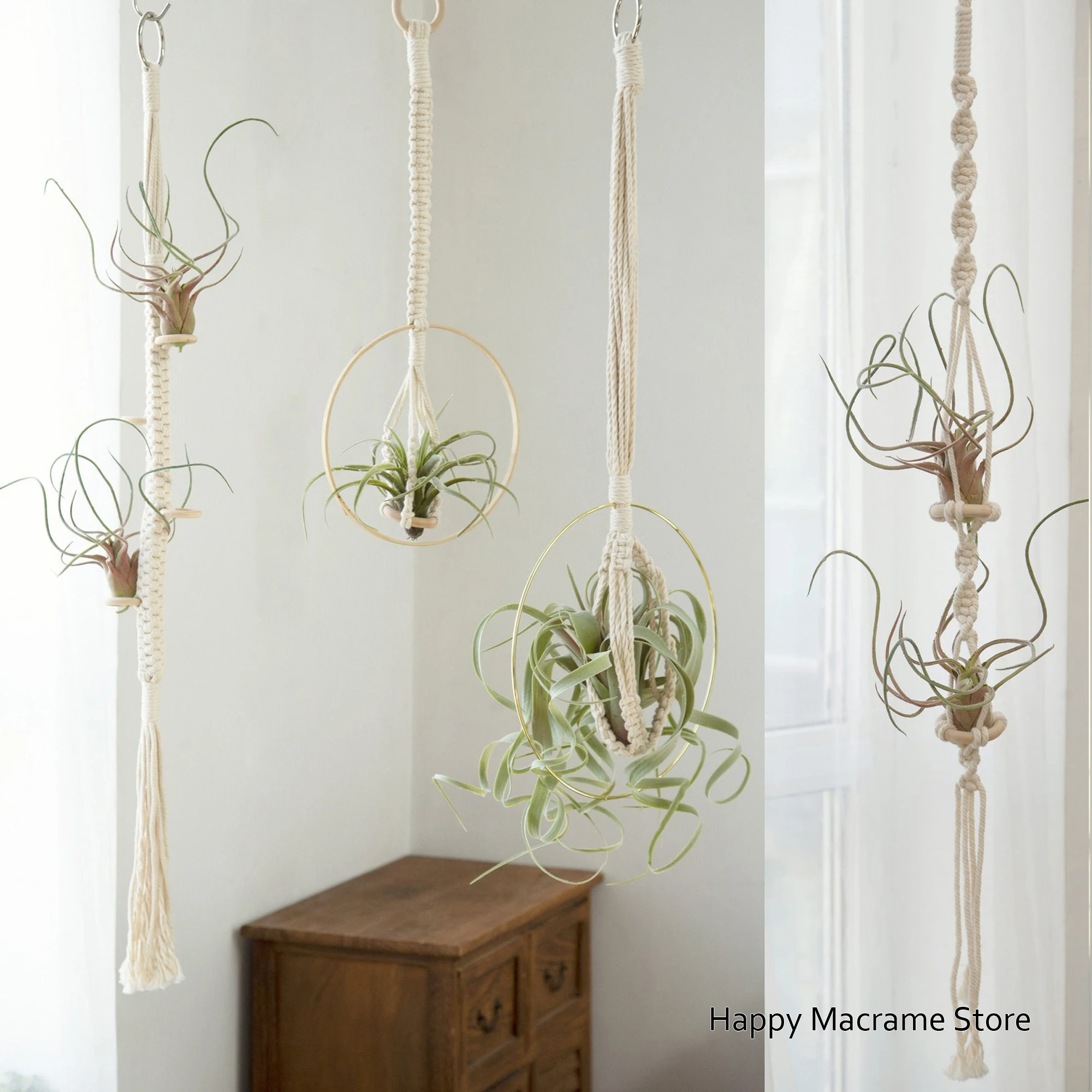 

4Pack Boho Air Plant Hanger Hanging Air Plant Holder Airplants Display Wall Planter Macrame Rope Planter For Room Decoration