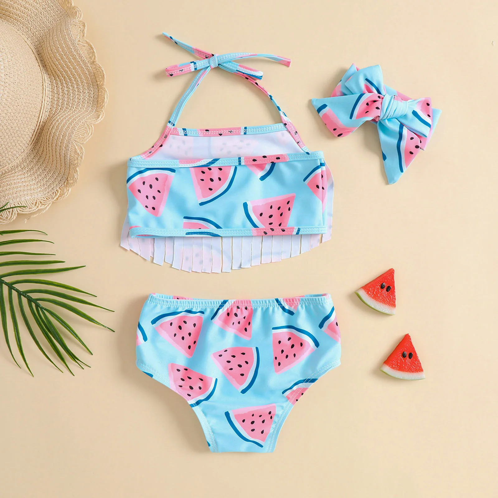 

2024 SummerGirls Split Swimsuit Set Children Watermelon Print Tassels Suspenders Swimsuits+Bikini+Bow Tie Three-piece Set 0-4Y