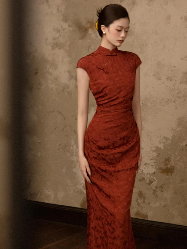 

Красный винтажный женский костюм в новом китайском национальном стиле для свадьбы, помолвки, банкета, с шлейфом