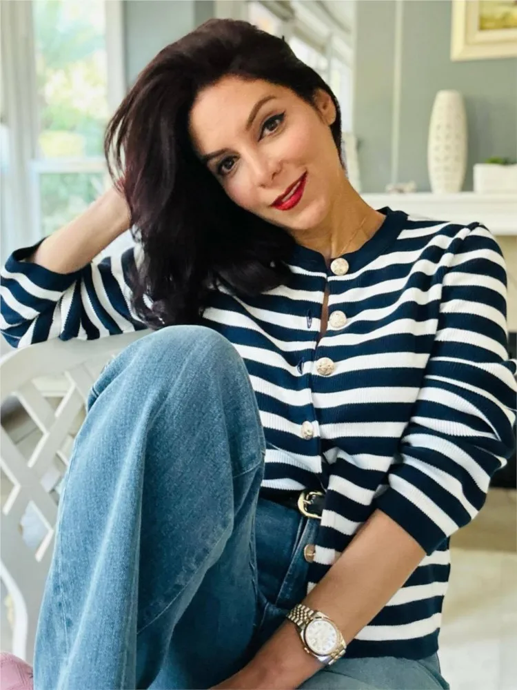 Metal Button Navy Blue Winter Sweater Cardigan O-neck Stripe Fashion Kintting Tops Casual Classic Coat Female Clothes 2024 New