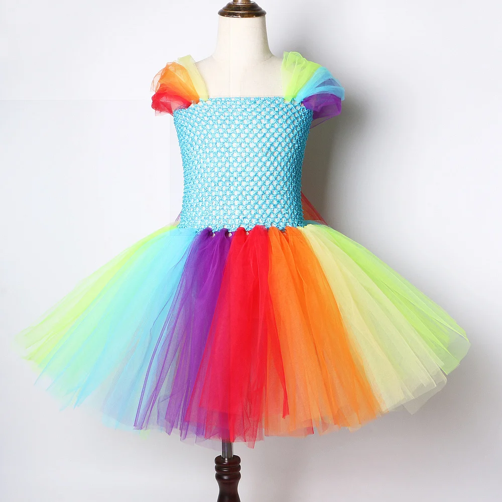 Rainbow Unicorn Horse Tutu Dress for Girls Little Pony Costumes Halloween Dresses for Kids Birthday Party Outfit with Horns Bow