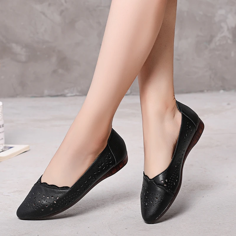 GKTINOO Breathable Genuine Leather Summer Shoes Woman 2024 Flat Low Heel Mother Hollow Out Leather Slip On Shoes For Women Soft