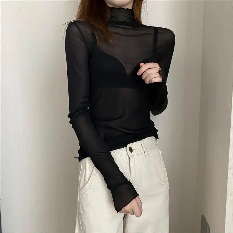 

Women T Shirt See Through Transparent Mesh Tops Long Sleeve Sheer Slim Ladies Solid Turtleneck Silk T-Shirt Lace Crop Top