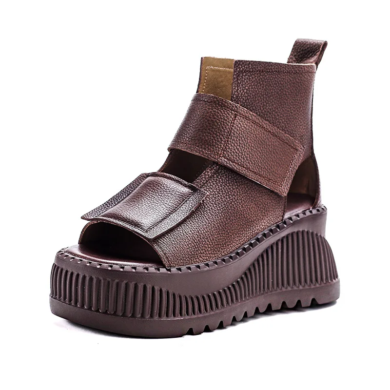 

2026 New Top Layer Cowhide Fish Mouth Boots Platform Wedges Sandals Heighten Boots Fashion Elegant Women Summer Boots