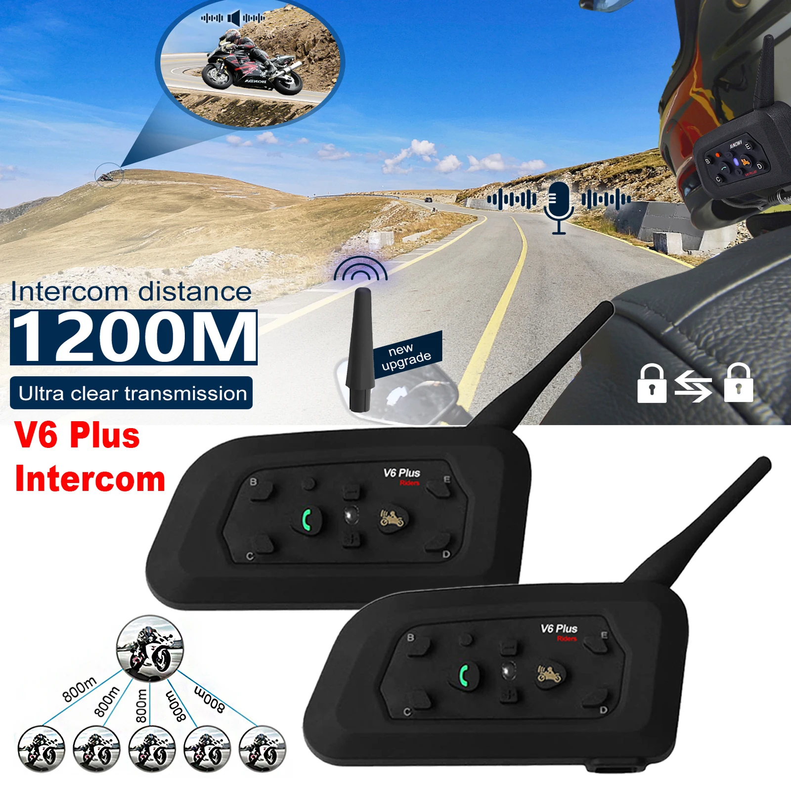 

1/2Pcs V6 Plus Motorcycle Interphone Helmet Intercom Headset BT5.1 For 6 Riders Group 1200M Full-duplex Talking IP65