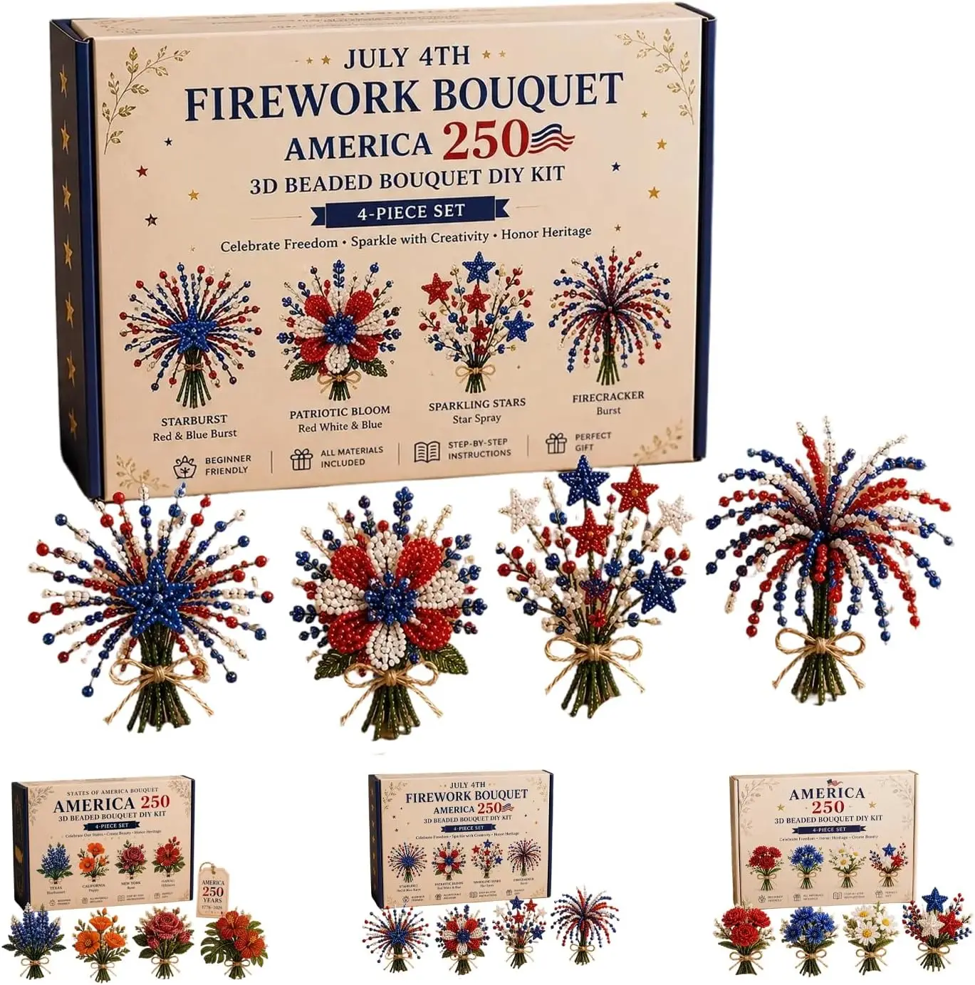 

America 250th Beaded Bouquet DIY Kit, Beaded Bouquet Plant Making Kit, Red White Blue Patriotic Craft Collection for 4th of July