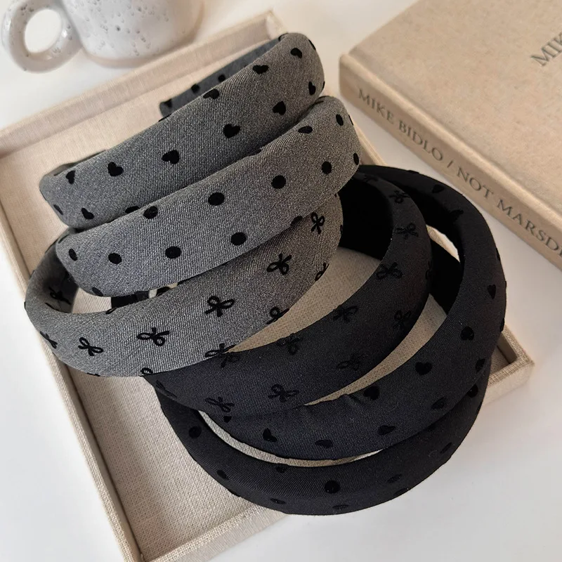 Autumn Winter Retro Black-Gray Headband Bow Heart Sponge Hair Band for Woman Girls Temperament Hair Hoop Female Hair Accessories