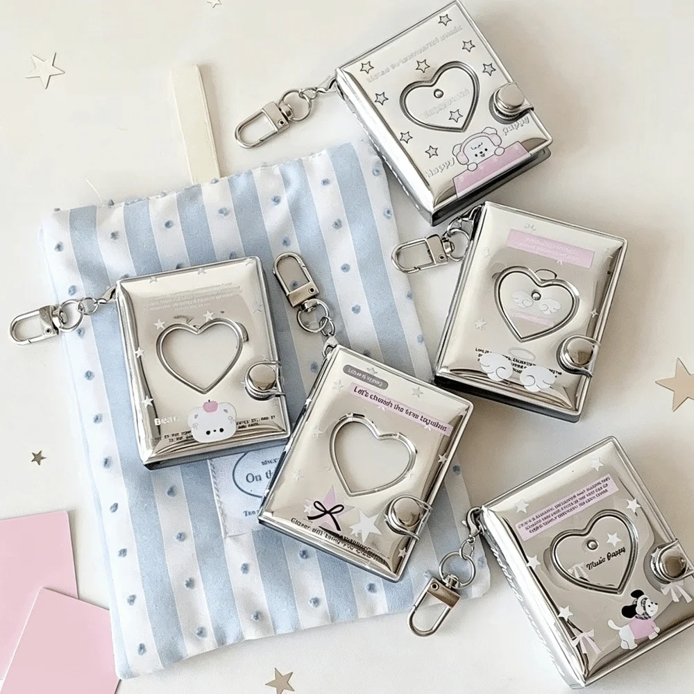 Silver Glossy Mini Photo Album Mini Size Portable Photo Cards Storage Book Clear Pocket Collectible Album Keychain