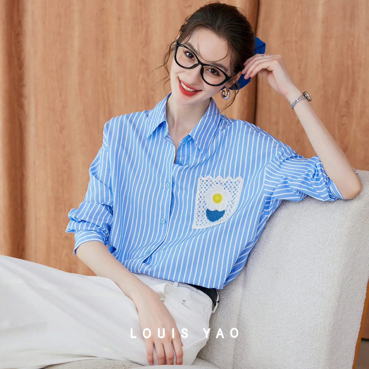 

LOUIS YAO Striped Women's Blouses 2025 Autumn Women's Shirt Contrast Color Pocket Woven Long-Sleeve Shirt Tops for Women
