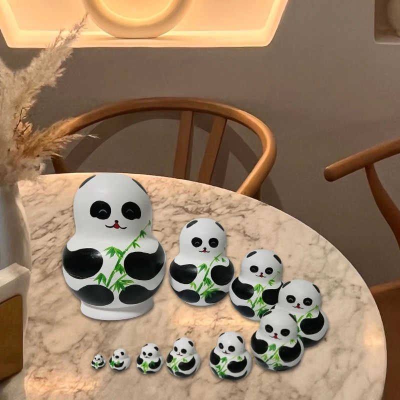 Q0KB Traditionele Russische Nesting Dolls 10 stks/set Handgeschilderde Houten Matroesjka Panda Beer Nesting Dolls Volkskunst