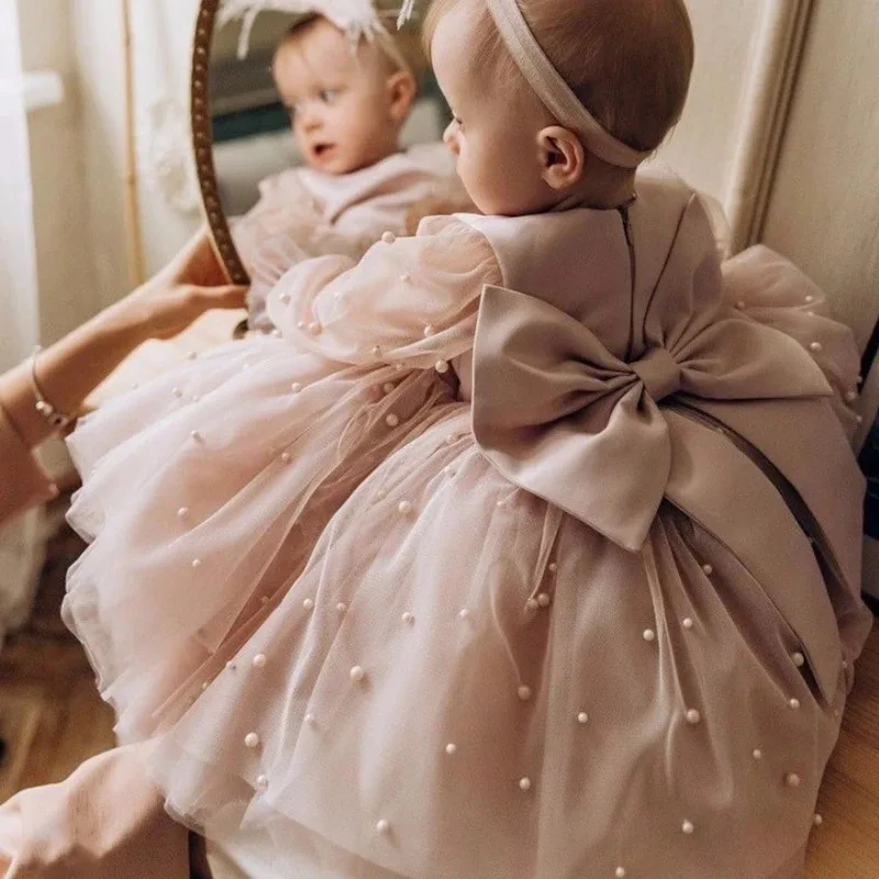 Vestidos de niña de flores, falda de perlas hinchada de tul rosa polvoriento con lazo, manga larga para boda, fiesta de cumpleaños, vestidos de primera comunión