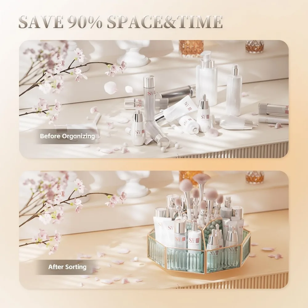 360 °   Organisateur de maquillage rotatif avec porte-brosse pour rangement de vanité, salle de bain et comptoir