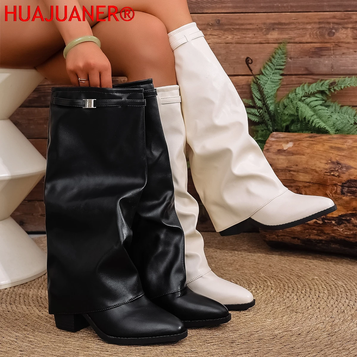 

Модные сапоги-ботфорты 2026 года для женщин, на массивном высоком каблуке, без застежек, из искусственной кожи, с широким голенищем, в стиле «шарк», женские длинные сапоги Botas Mujer