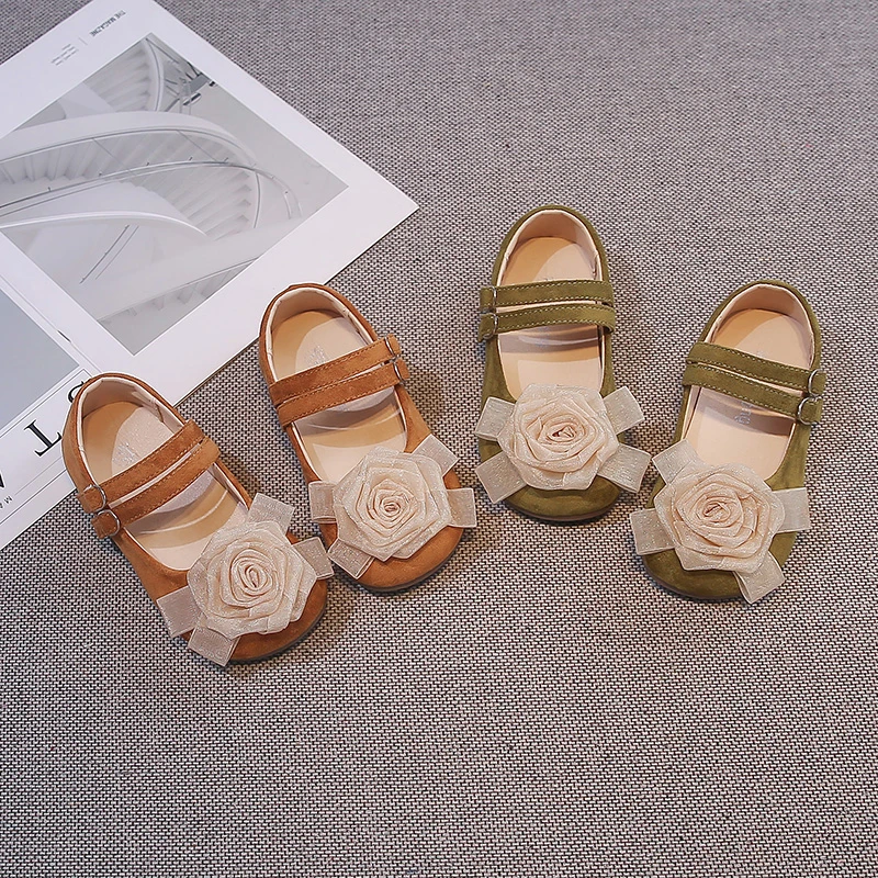 Autumn Girl's Princess Shoes 3D Rose Flower Faux Suede Kids Flats Double Strap Elegant Soft Sole Children Dress Shoe 23-35