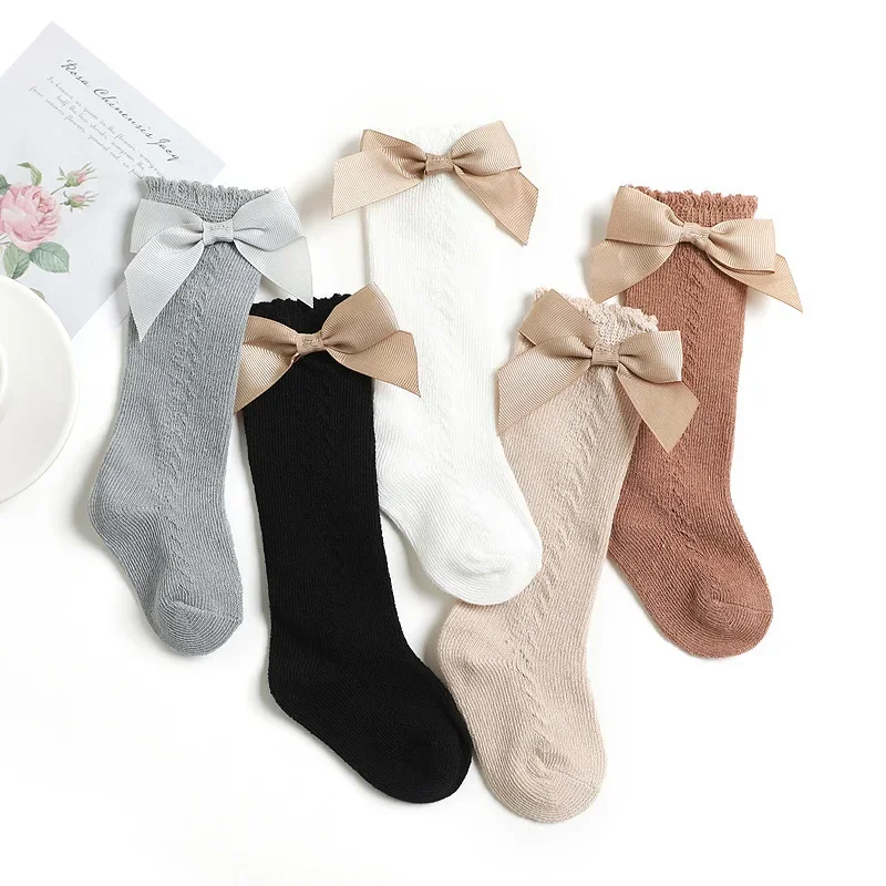 3 Pairs Kids Knee High Socks Baby Girls Boys Bow Long Sock Soft Cotton Mesh Breathable Children Hollow Out Socken For 0-7 Years