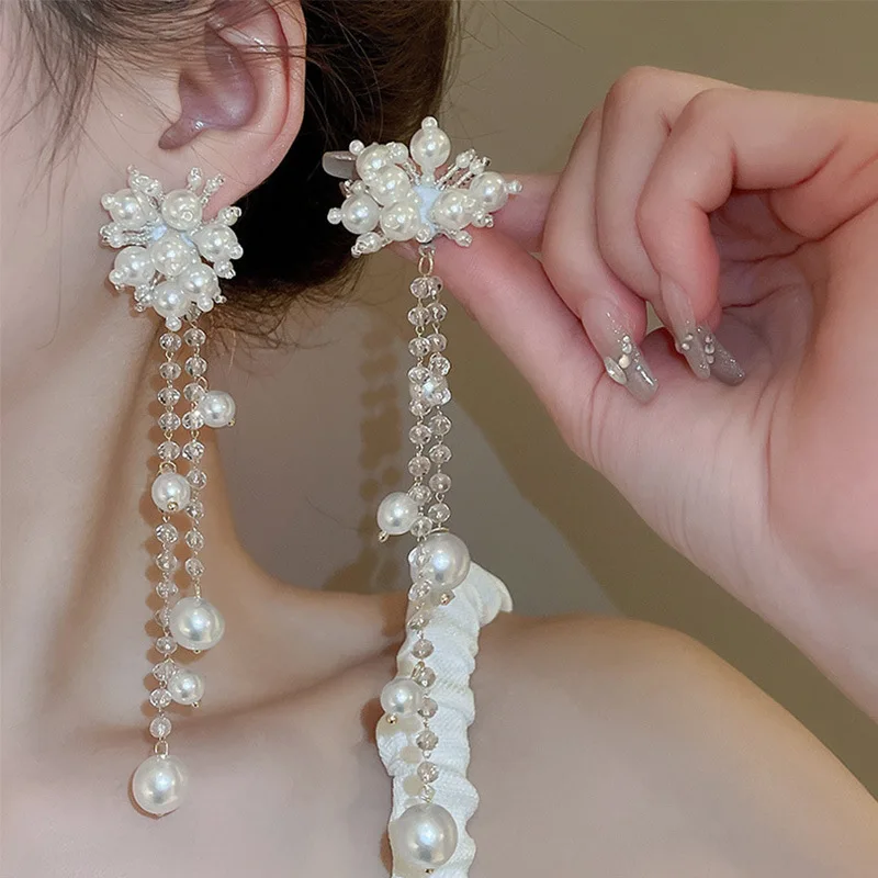 

New Trend Tassel White Imitation Pearl Long Pendant Earring for Women Geometry Brincos Wedding Jewelry Girl Gift
