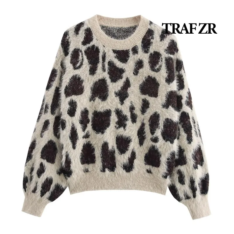 TRAF ZR Cozy Sweaters American Retro Leopard Print Pullovers Long Sleeve Sweaters Flocking Pullovers Ladies Autumn Sweater