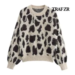 TRAF ZR Przytulne swetry American Retro Leopard Print Swetry z długim rękawem Flokowane swetry Damski sweter jesienny