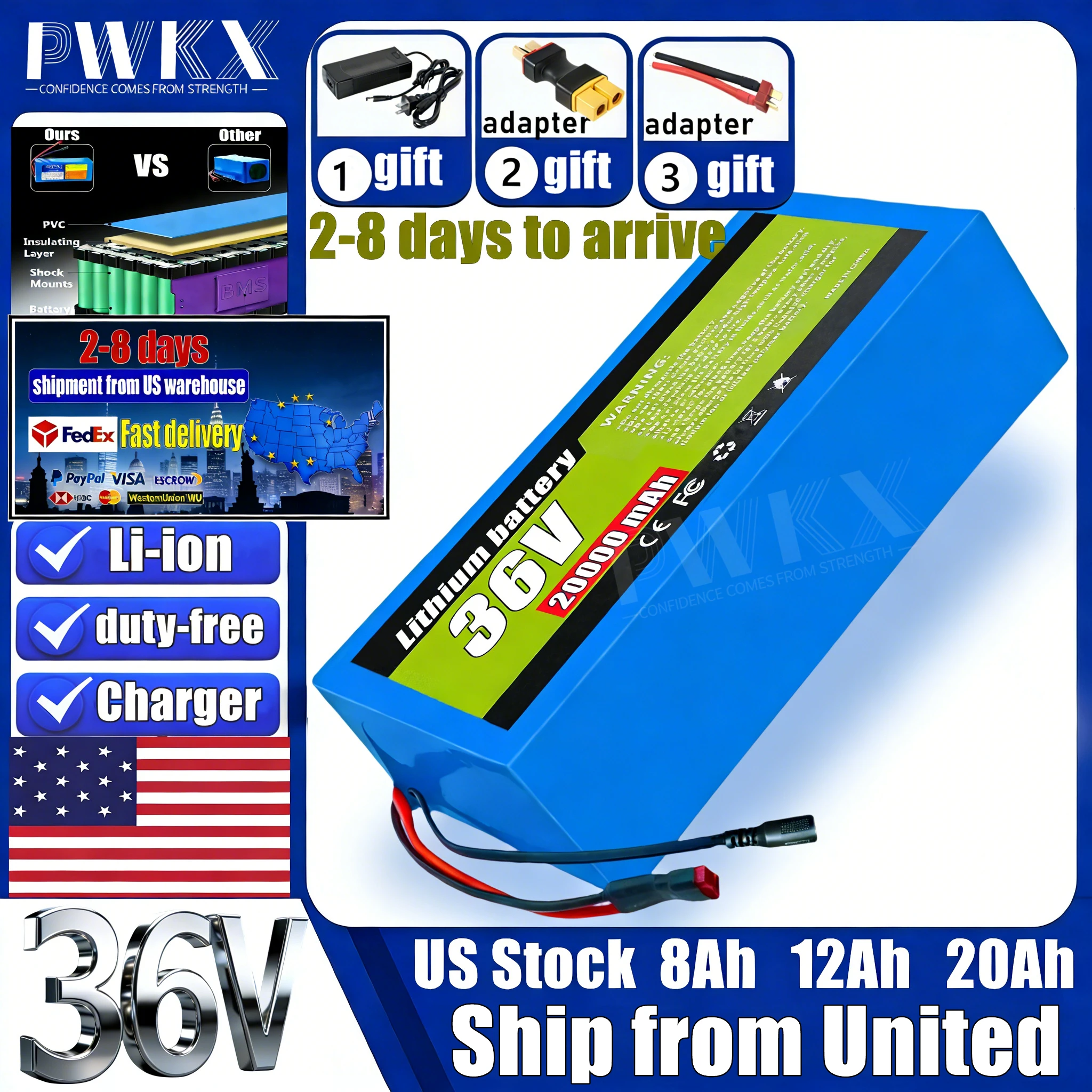 

US Stock New 36V 48V 8Ah 12Ah 20Ah 18650 Lithium battery pack Built in BMS 0-2000W For E-scooter tools camping+42V Charger