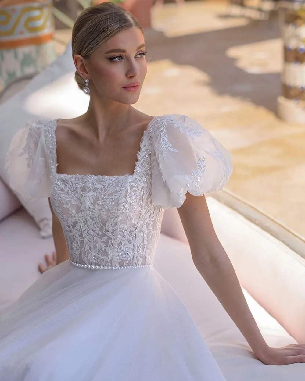 Msikoods-Robe de Mariée à Manches Courtes, Tenue de Princesse, Style Boho, avec des Appliques en Dentelle, Forme Carrée, pour Mariage, 2023