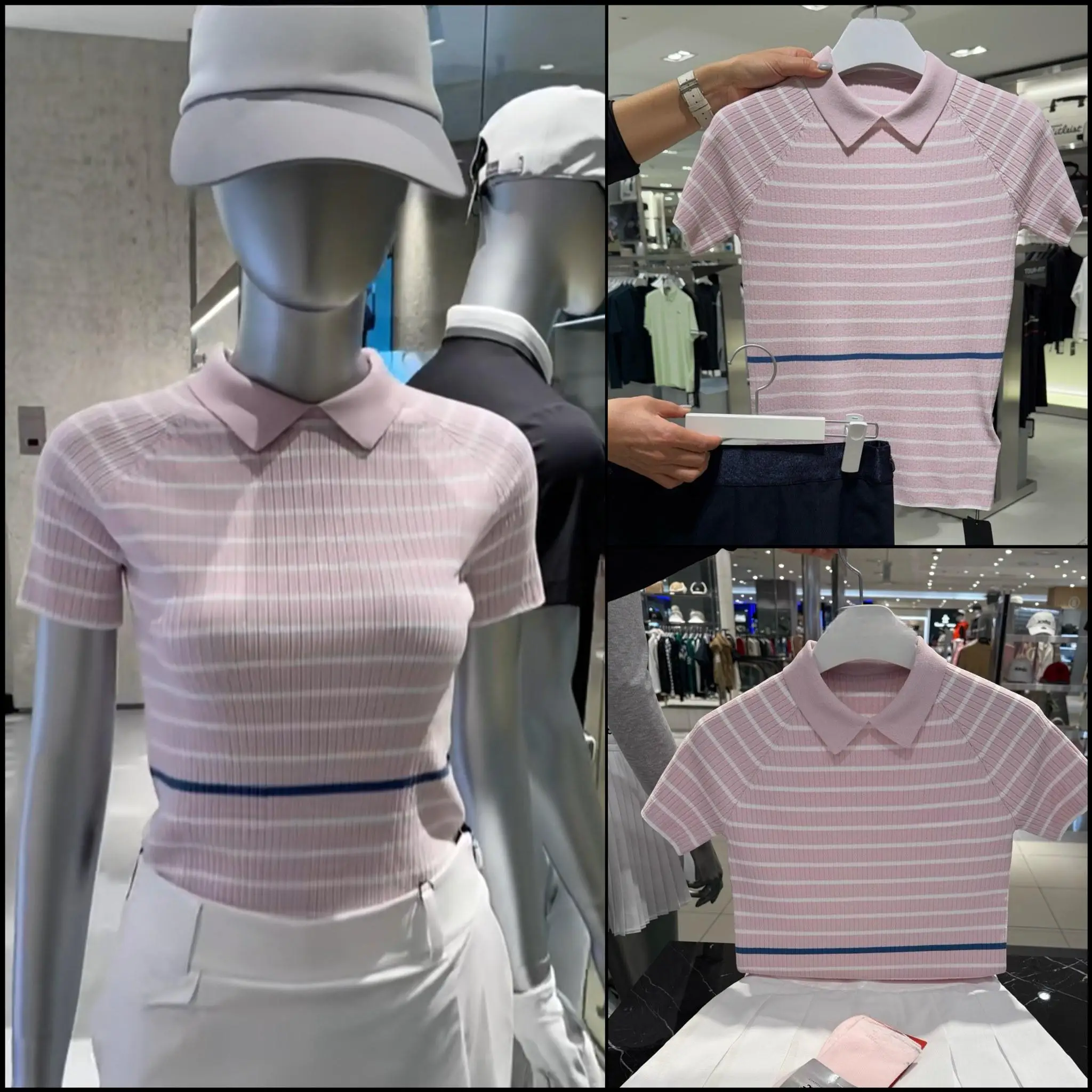 Ladies 2026 Summer Golf Top Striped Knit Lapel Short Sleeve Polo Shirt Soft Breathable Casual Outdoor Golf Apparel