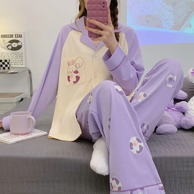 2024 Spring Autumn New Women Sweet Cartoon Pajamas Set Female Long Sleeve Cardigan Casual Homewear Suit Loose Simple Sleepwear