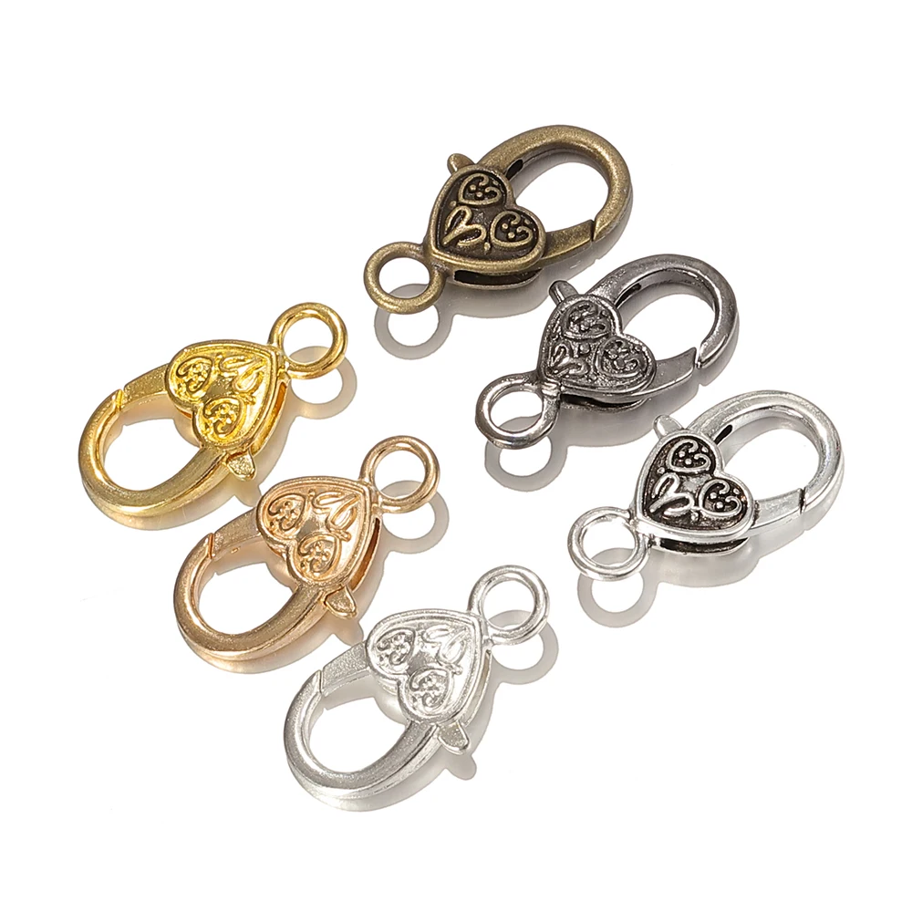 10pcs Metal Heart-Shaped Lobster Clasp Connectors Vintage Engraved Heart Alloy Keychains for DIY Pendant Jewelry Making