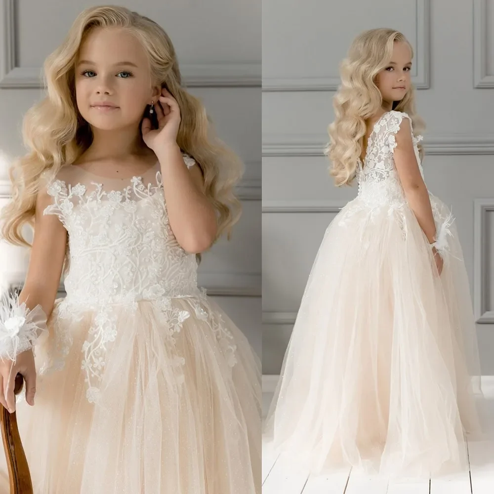 

2024 Tulle Lace Flower Girl Dresses For Wedding Bridesmaid Kids Baby Children Long Princess Party First Communion Evening Dress