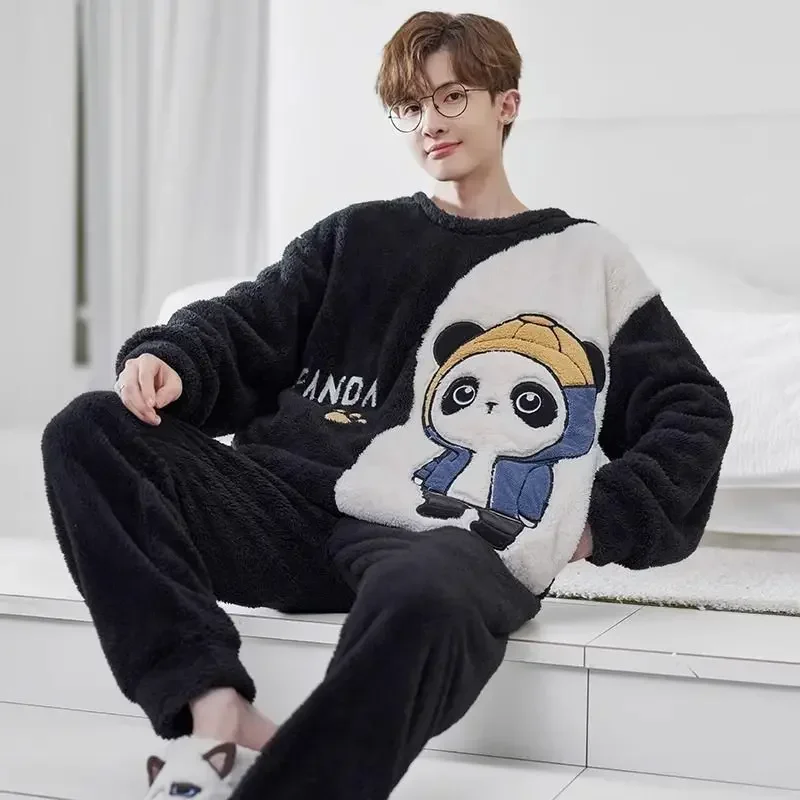 Pajamas Men Coral Velvet Sleepwear Sets Autumn Winter Nightgown Male Plush Thick Household Aparel Youth Flannel Home Wear Suit