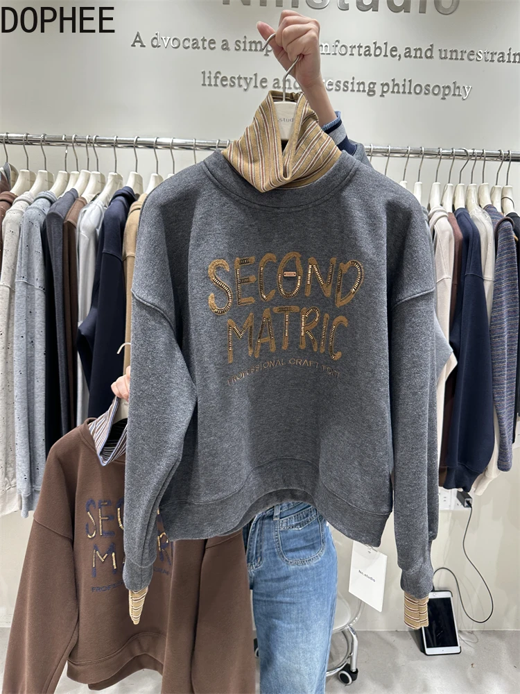 

Искусственная двухсекционная водолазка, женский свитшот, модный осенне-зимний утепленный флисовый пуловер, топ с вышивкой букв, повседневные толстовки