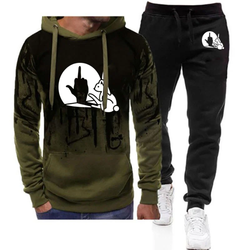 

2025 Funny Rabbit Printing Men's New Gradient Color Set Animal Bunny Lover Hoodie + Casual Sweatpant Harajuku Sportwear Suits