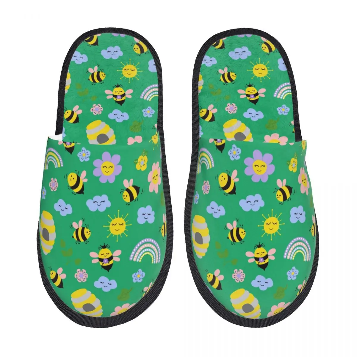 Custom Cute Bees Flowers Soft Scuff Memory Foam Slippers Women Hotel House Shoes