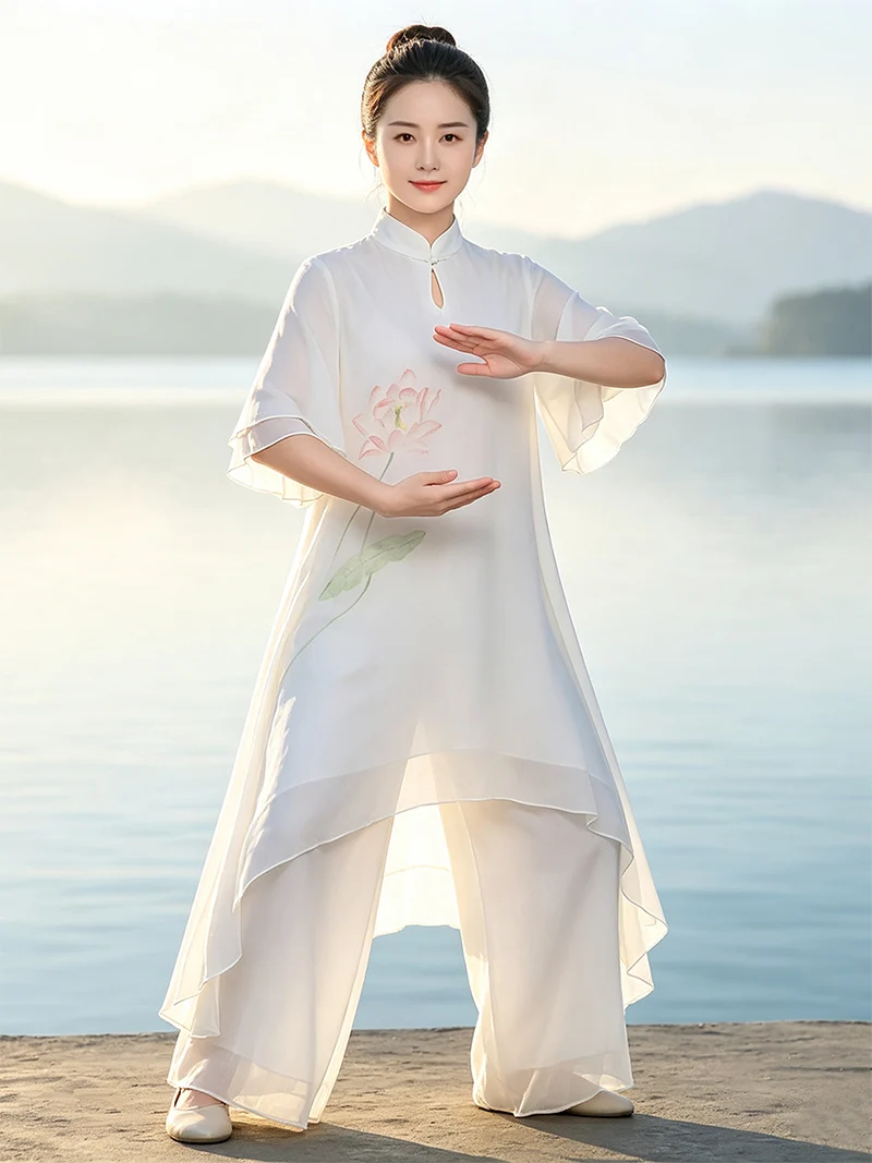 Women's Printed Tai Chi Suit - Ethereal Chinese Style Set for Baduanjin, Kung Fu & Wushu Performance. Breathable Qigong Uniform