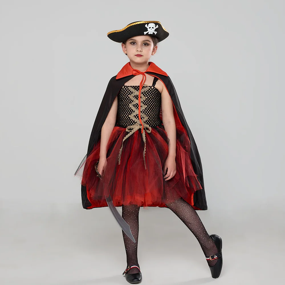 Halloween Carnival Pirate Dress Up For Children Layered Breathable Mesh Tutu Dress With Cape And Hat Swashbuckling Style Outfit