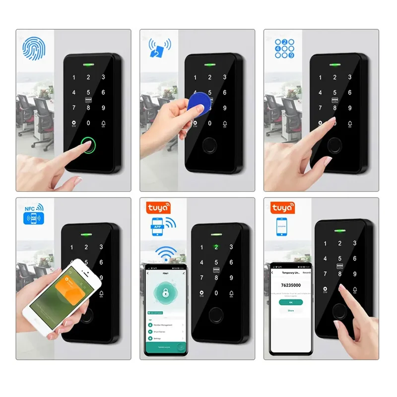 

ABFN-NFC Bluetooth Tuya APP Клавиатура контроля доступа Водонепроницаемая RFID-клавиатура 13,56 МГц Биометрический отпечаток пальца Сенсорный дверной механизм Dura