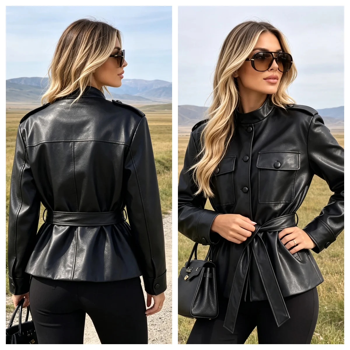 Women Vintage Safari Style PU Leather Jacket Stand Collar Shoulder Flap Pockets Self Tie Belt Waist Fitted Black Outerwear