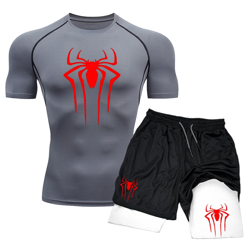 Men\'s Workout Compression Shirt Spider Printed Gym Tshirts Breathable Running Shorts Quick Dry Sports Rash Guard Sportwear Set