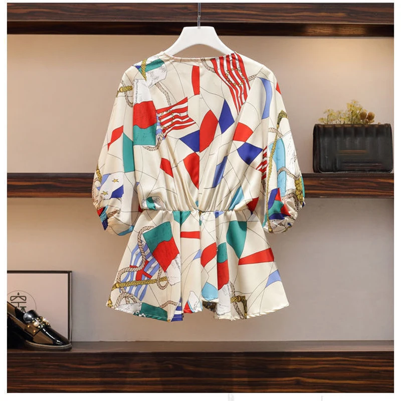 2025 春の新女性パンツセットツーピース V ネックバットスリーブ弾性ウエストカラーブロックプリントトップワイドレッグパンツ女性服