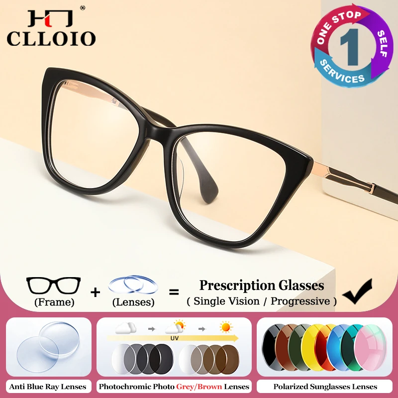 

CLLOIO Fashion Cat Eye Myopia Prescription Glasses Women's Acetate Large Frame Blue Light Filter Optical Progressive Eyeglasses
