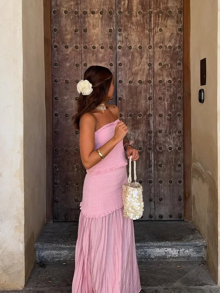 Solid Fungus Edge Top Gonna lunga Set Donna Elegante senza maniche senza spalline Patchwork Abito in 3 pezzi 2025 Nuovi abiti per le vacanze estive