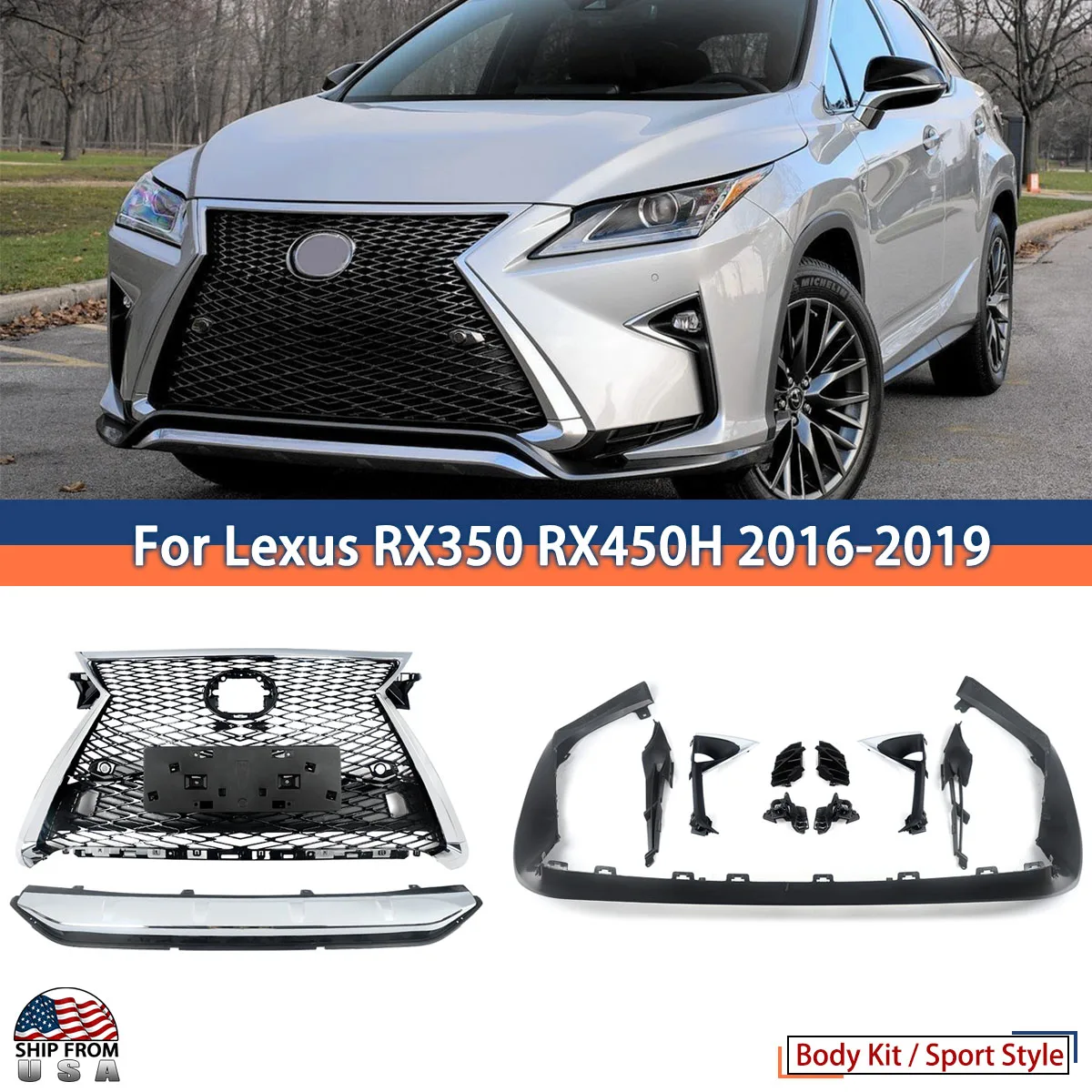new F Sport Style Grille Assembly Fit For 2016-2019 Lexus RX350 RX350L RX450H Front Bumper Upper Grills TRD Trim Body Kit Chrome