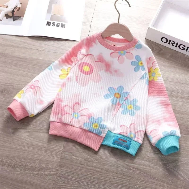

Girls' Spring and Autumn Hoodie 2024 New Style Children's Casual Loose Round Neck Gradient Color Flower Printed Top Trendy